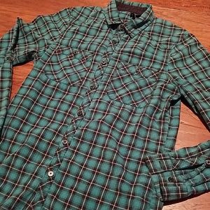 Aqua blue plaid & black white collar long sleeve